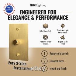 1 Gang Solid Brass Rotary Dimmer Switch Satin Finish Led Select 120V Wall Mount