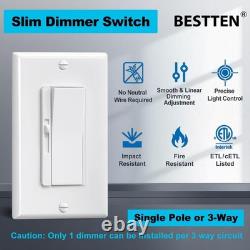 10 PK BESTTEN Single Pole/3-Way Dimmer Light Switch, Wall Plate Included