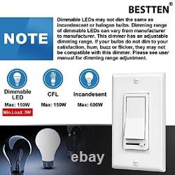 10 Pack BESTTEN Dimmer Light Switch, Single-Pole or 3-Way, 120V, with Dimma