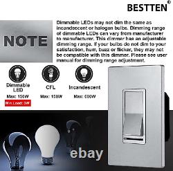 10 Pack BESTTEN Silver Dimmer Wall Light Switch, Single Pole or 3-Way, with