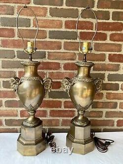 1970s Vintage Chapman Rams Head Brass Urn Table Lamps Matching Pair