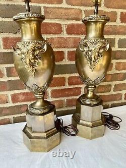 1970s Vintage Chapman Rams Head Brass Urn Table Lamps Matching Pair
