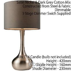 2 PACK Touch Dimmer Table Lamp Satin Nickel & Grey Shade Metal Bedside Light
