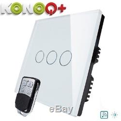 KONOQ+ Luxury Glass Panel Touch LED Light Switch Remote DIMMER, White, 3Gang/1Way