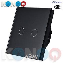 KONOQ Luxury Glass Panel Touch LED Light Switch WIFI DIMMER, Black, 2Gang/1Way