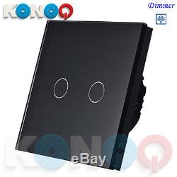 KONOQ Luxury Glass Panel Touch LED Light Wall Switch DIMMER, Black, 2Gang/1Way