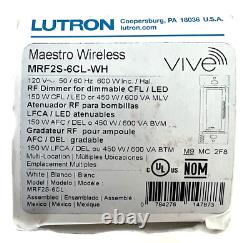 Lutron MRF2S-6CL-WH Vive Enabled Maestro Dimmer RF Wireless MRF2-6CL-WH