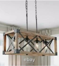 Uolfin-Black Iron and Wood Chandelier 27.5 in. 4-Light With Shades Dimmer Switch