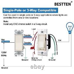 10 Pack BESTTEN Interrupteur Almond à Variateur de Lumière 3 Voies ou Simple Pôle pour Ampoules Dimmables