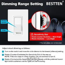 BESTTEN 10 Pack Interrupteur Dimmer à Lumière, Simple Pôle ou 3 Voies, Glissière Blanche