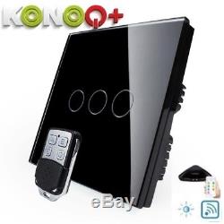 Konoq + Interrupteur Tactile Led De Panneau De Verre De Luxe Wifi Dimmer, Noir, 3gang / 1way
