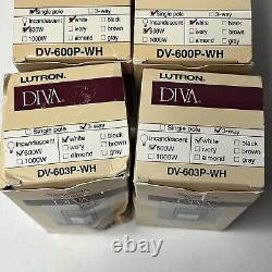 Lot de 6 variateurs à glissière Lutron Diva de 600W, interrupteur à un pôle blanc à 3 voies