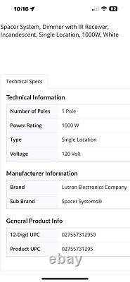 Lutron Electronics SPS-1000-WH 1000 W 120Volts White Single Location  <br/>  
 
<br/> 	Lutron Electronics SPS-1000-WH 1000 W 120Volts Blanc Emplacement Unique